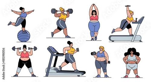 Illustration of plus-size women exercising with weights, treadmill, and balance ball.