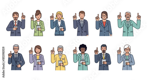A diverse collection of business people, men and women of different ages and ethnicities, pointing upwards.