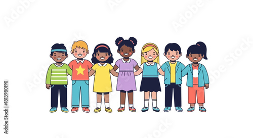 Diverse group of children holding hands, standing in a line.