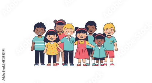 A diverse group of smiling cartoon children from different ethnic backgrounds standing together in friendship.