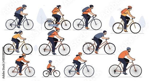 A diverse group of people of various ages and genders riding bicycles in a park-like setting.