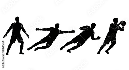 Soccer Goalkeeper Silhouette Vector Showing Action Poses — Ready Stance, Dive Left, Dive Right, Catch

