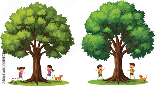 Happy children playing under big green tree with dog in park, nature fun, outdoor activity, childhood joy, summer day