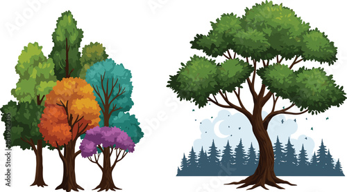 Colorful forest trees and green nature landscape with moonlight background, vibrant seasonal illustration representing autumn, spring, and night nature beauty