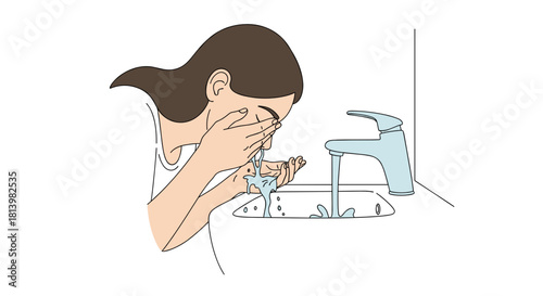 Woman rinsing her face at bathroom sink with running water  