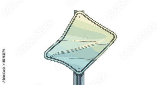 Bent road sign distorted by strong wind  