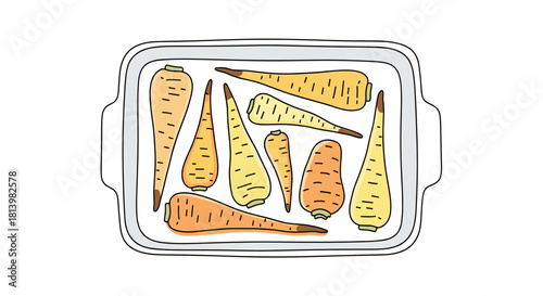 Roasted parsnips arranged in a baking dish on white background  