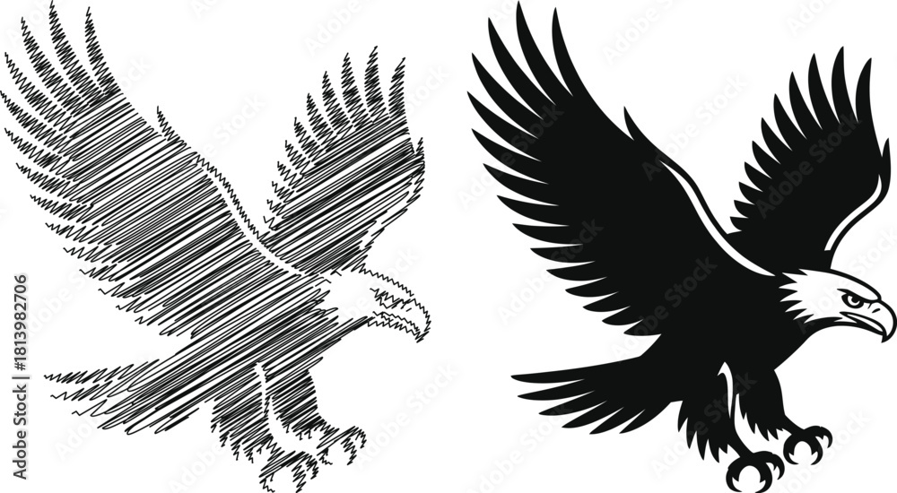 Fototapeta premium Eagle sketch and silhouette on white background
