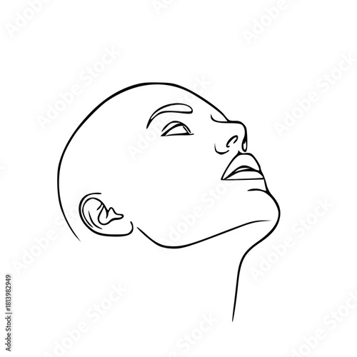Minimalist line art illustration of a woman's head tilted upwards, depicting a serene and contemplative expression.