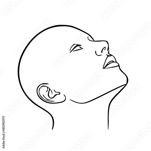 Minimalist line art depicting a person's head tilted upwards, eyes closed, in a contemplative or hopeful pose.