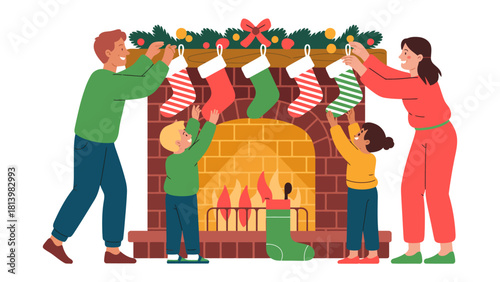 Christmas Family Moments by Fireplace: A family comes together to deck the fireplace with Christmas stockings, creating a heartwarming scene filled with holiday cheer and family bonding. 