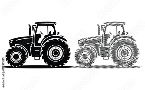 Two tractors solid and sketch style illustration