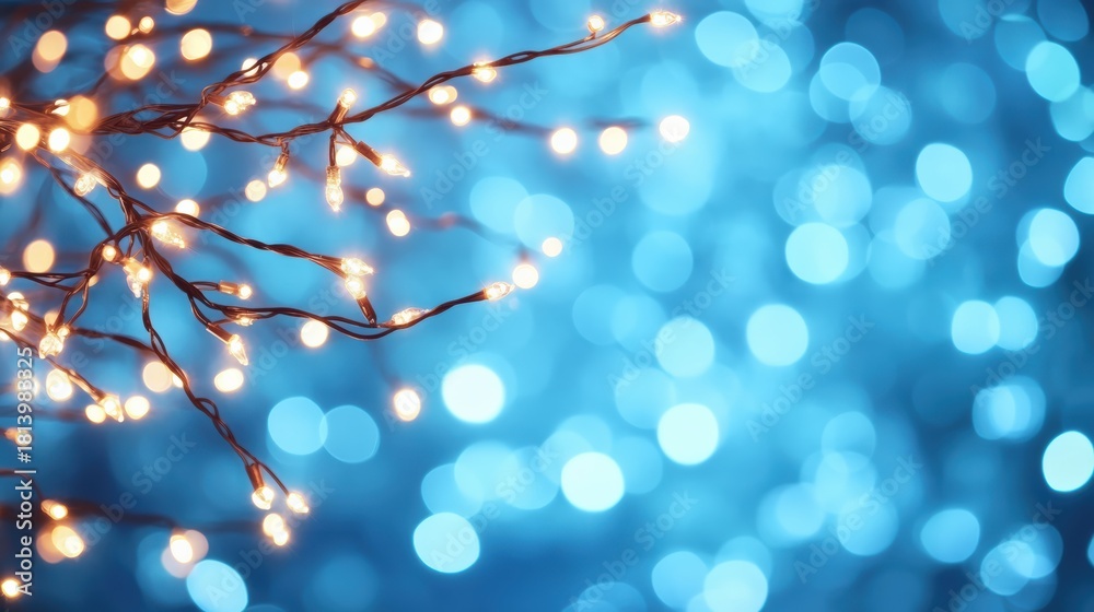 Fototapeta premium Illuminating festive fairy lights creating warm glowing bokeh dots with copy space against a cool blue abstract backdrop