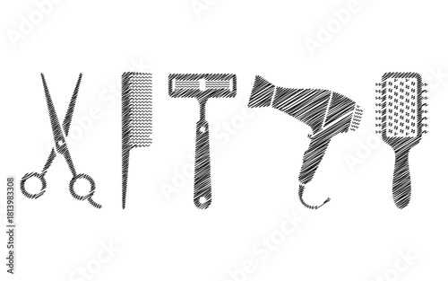 Hairdressing tools sketch style on white background