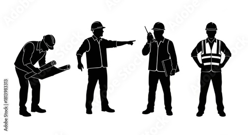 Construction Engineer Silhouette Vector Showing Work Poses — Checking Plan, Pointing, Radio Call, Oversight

