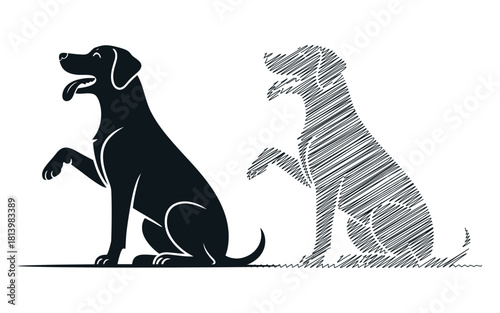 Two dog silhouettes one solid one sketched