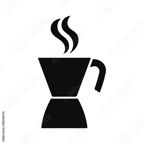 A sleek black moka pot icon with rising steam, isolated on, evokes the rich aroma and tradition of italian coffee brewing, perfect for cafe menus and culinary designs