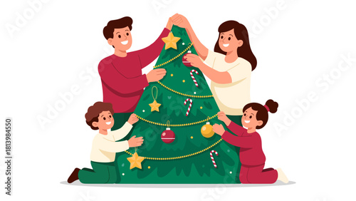 Holiday Decoration: A heartwarming family gathers to decorate a Christmas tree, their collective effort reflecting the joyous spirit of togetherness. Embodying holiday cheer and family celebration.