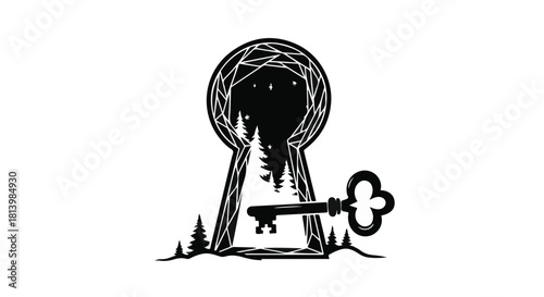 Mysterious keyhole revealing a starry forest night, symbolizing discovery and secrets.