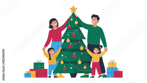 Christmas Tree Decoration: A happy family of four joins together to adorn a Christmas tree, their faces beaming with holiday spirit and the joyful anticipation of the season.