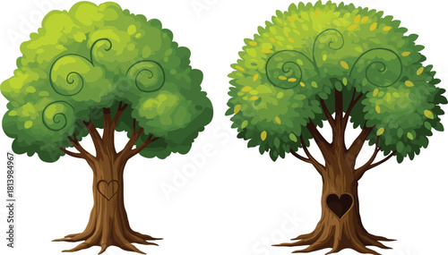 Cartoon green trees with heart carvings, cute nature illustration, love tree design, spring forest art, eco friendly vector background