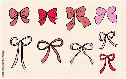 かわいい手書きのリボンのイラストセット　カラー