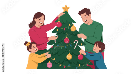 Family Festive Decorating: A family of four, smiles on their faces, adorns a Christmas tree with love, creating heartwarming memories. 