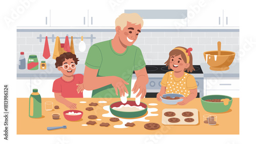 Baking Together: A heartwarming scene unfolds in the kitchen as a parent and two children joyfully bake, creating lasting memories.