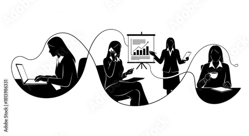 Office Woman Silhouette Vector Showing Daily Gestures — Typing, Phone Call, Presentation, Relaxation

