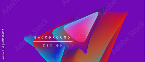 Abstract fluid shapes blend vibrant colors. Purple backdrop emphasizes dynamic design elements. Modern, energetic visual composition.