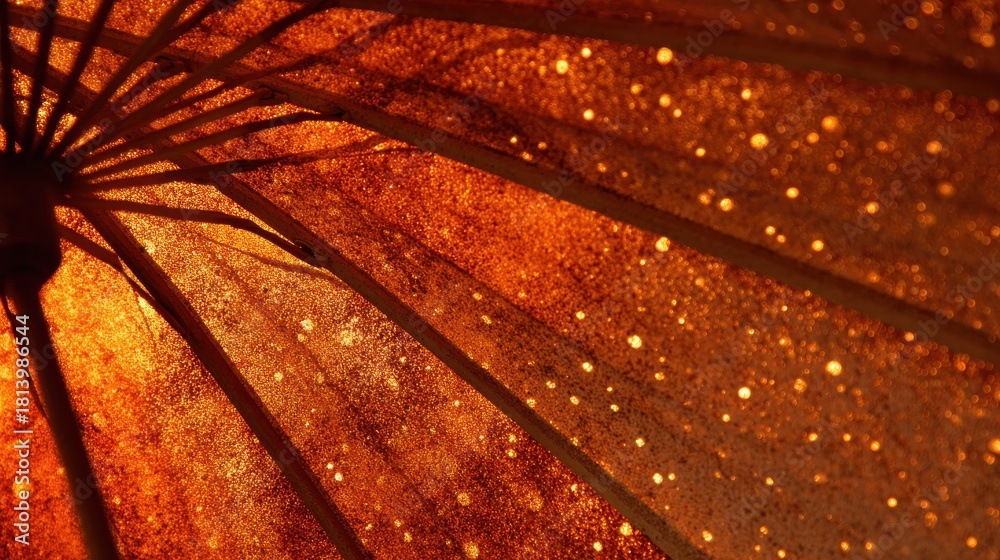 Fototapeta premium Underside of an orange umbrella with illuminated highlights