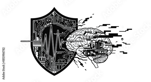 Digital brain protected by shield with circuitry and data flow, symbolizing cybersecurity and artificial intelligence.
