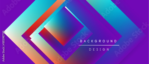 Abstract geometric shapes overlap, creating vibrant color gradients. Purple, blue, orange hues dominate design. Modern aesthetic.