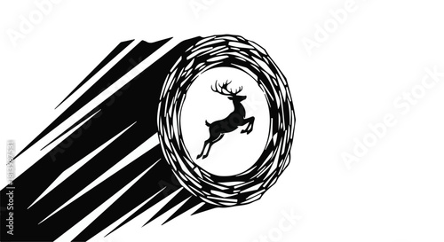 Majestic stag leaps through a swirling, organic portal casting a long, dramatic shadow.