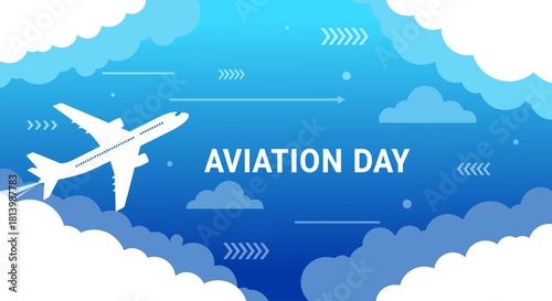 Aviation Day Airplane Flying Through Clouds Vector Illustration
