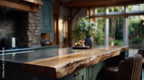 An oak countertop in the kitchen, rustic cabin interior with green cabinets and large windows, warm natural light illuminating the scene, focus on wood grain texture and details, detailed photography.