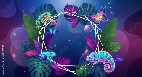 A vibrant and magical scene featuring exotic tropical flora, a chameleon, frogs, and butterflies surrounding a geometric frame, perfect for nature and fantasy themes