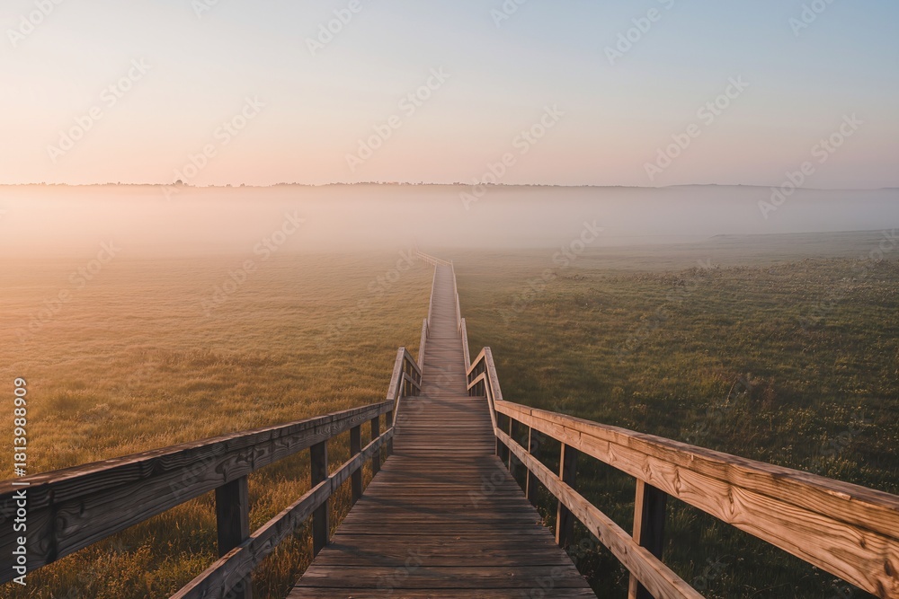 Obraz premium Mist-covered path leads to distant fields at dawn with serene colors blending in a minimalist setting