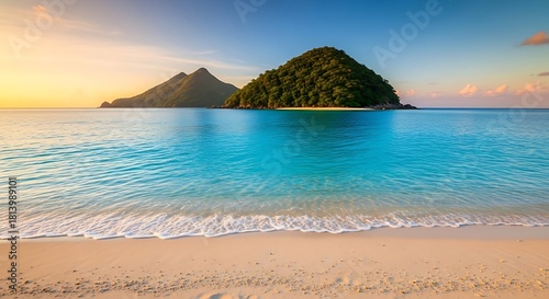 Golden light bathes a tranquil tropical beach, with shimmering turquoise ocean waters reaching a pristine shore and distant green islands under a peaceful dawn sky, offering an idyllic escape