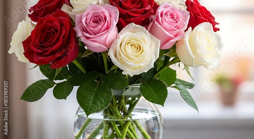 Exquisite bouquet of fresh red, pink, and white roses in a clear glass vase, radiating elegance and natural beauty, ideal for expressing love, gratitude, or celebration