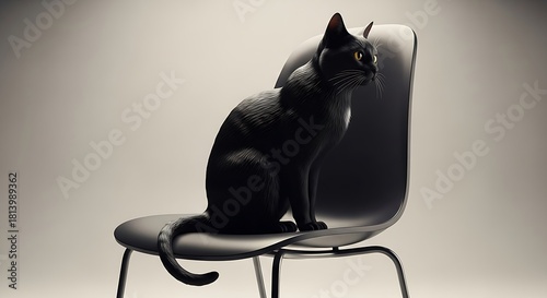 Elegant black cat perched on a modern chair in dramatic lighting