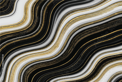Abstract flowing wavy lines of black white and gold create a luxurious marbled texture with a sophisticated and modern aesthetic