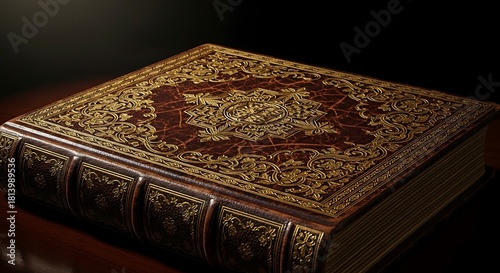 Intricately Decorated Antique Leather-Bound Book with Gold Embossing, Evoking a Sense of History and Knowledge