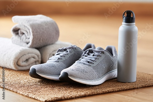 Workout essentials arranged neatly in a fitness space