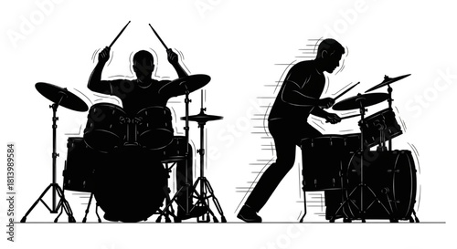 Drummer Silhouette Vector Showing Playing Motions — Front View Hits and Side Rhythm

