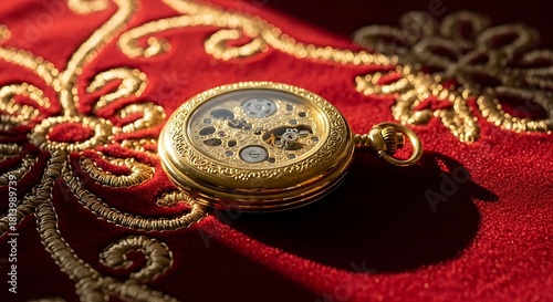 Ornate vintage golden mechanical pocket watch with exposed gears, meticulously crafted and resting on a luxurious red embroidered fabric under evocative lighting