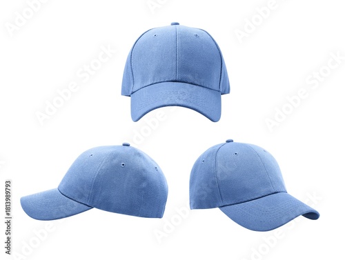 A washed denim light blue baseball cap displayed in three angles - front, left, and right on white background.