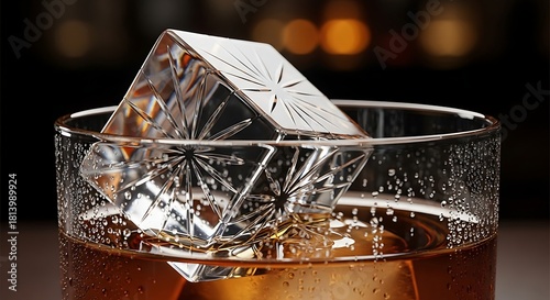 Crystal-clear, sculpted pyramid ice cube beautifully chilling a premium amber cocktail, creating an upscale and refreshing drink presentation