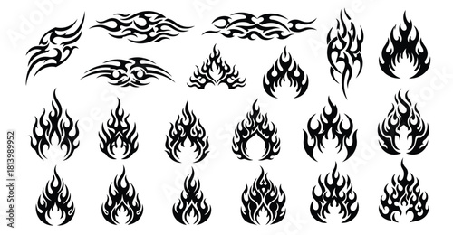 Collection of black tribal flame designs and tattoo art