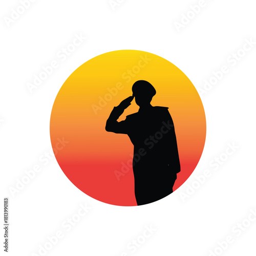 Silhouette of a soldier saluting at sunset, commemorating a veteran's honor